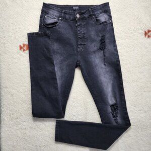 Boohoo MAN Distressed Skinny Denim Jeans 34 (30x33) Button Fly Stretch Mid Rise